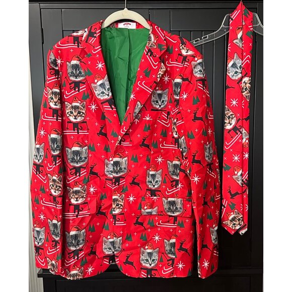 Holiday Time Other - Holiday Time Men’s Christmas Cat Blazer & Tie Set Red Small Funny Novelty Quirky